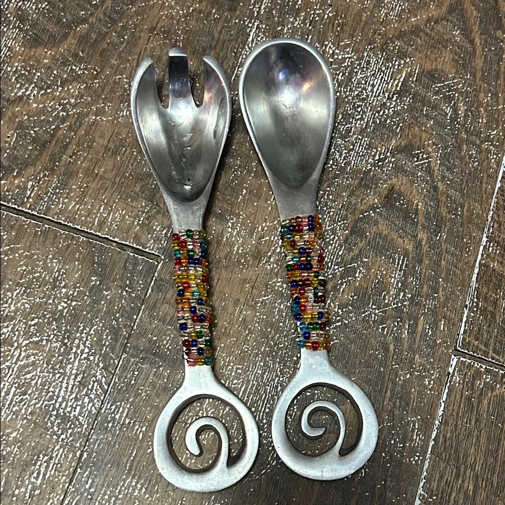 Decorative Beaded MCM Polished Aluminum Salad Fork ‎ Spoon Round End Handle 9”